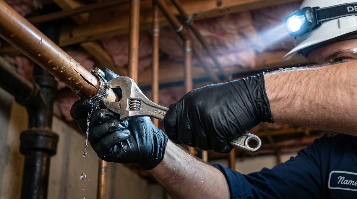 Emergency pipe clamp repair being performed by a Johns Plumbing LLC plumber in Brighton