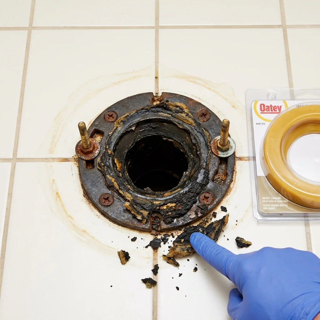 Failed wax ring showing water seepage at the base of a toilet in a Brighton, MI home