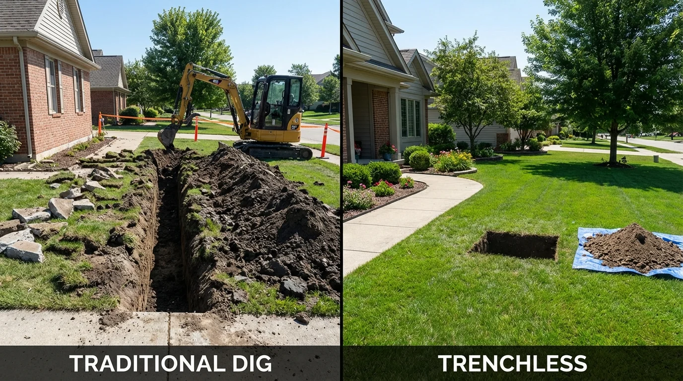Trenchless sewer repair with minimal yard damage versus traditional excavation in Brighton, MI