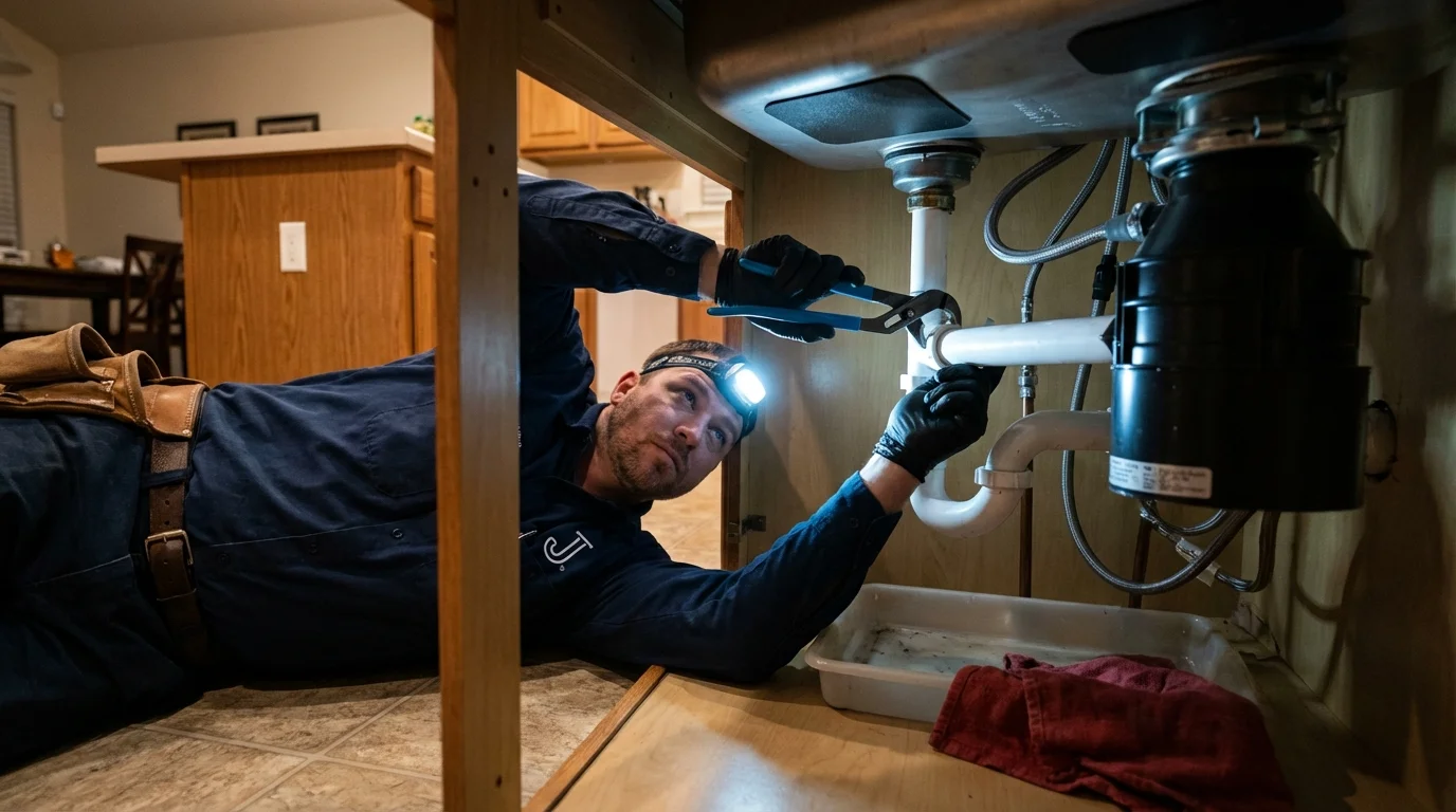 P-trap and supply line connections under a kitchen sink showing a common leak point in Brighton, MI